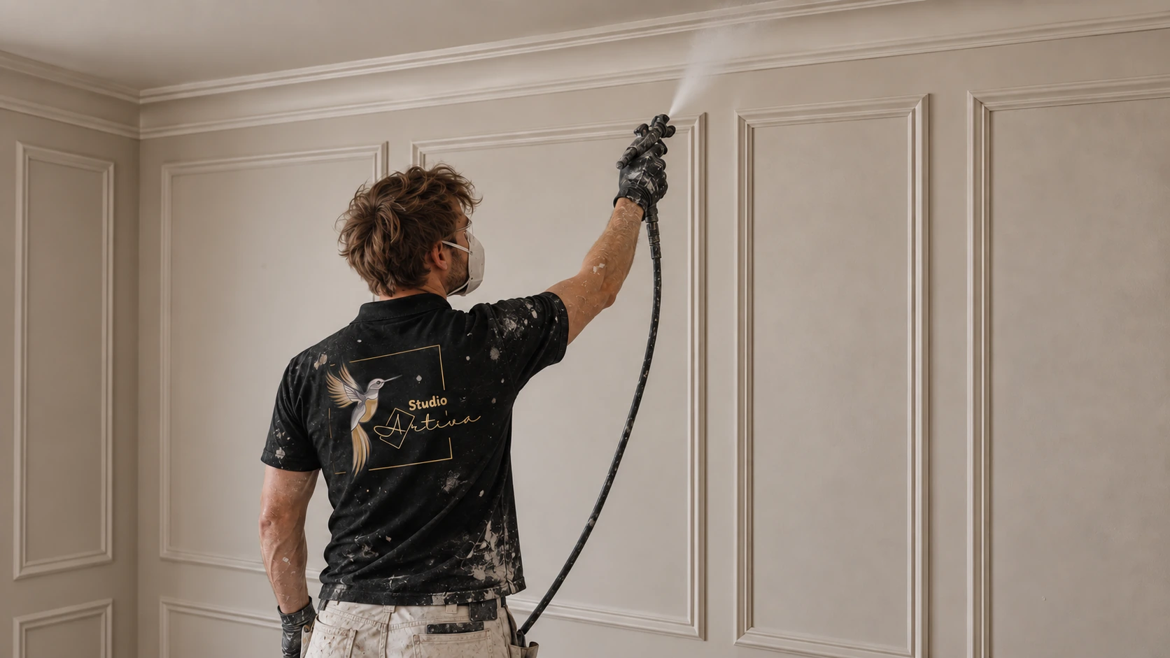 Schilder spuit een wand tijdens de afwerking van een interieur