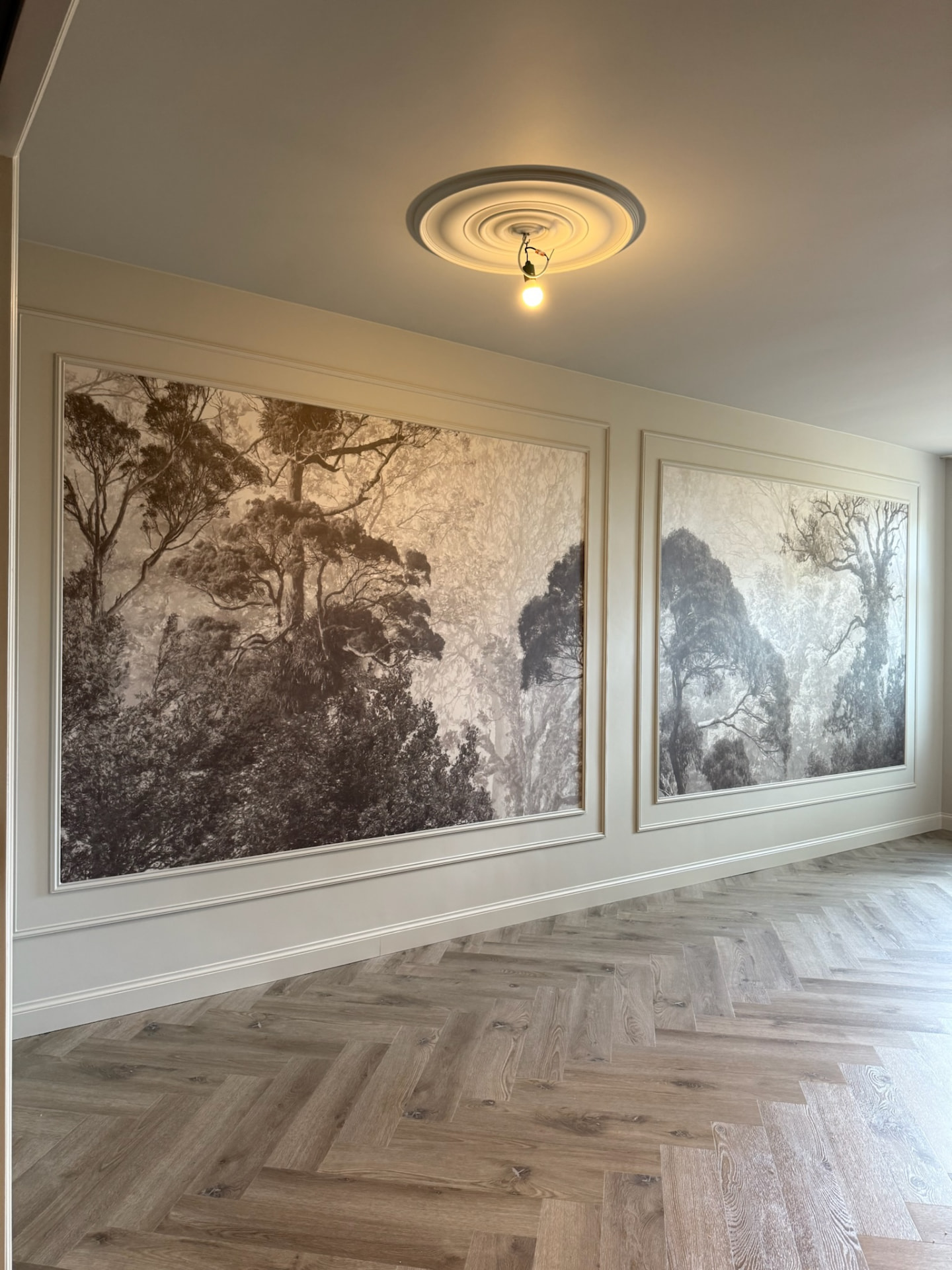 Wand met twee grote fotobehangpanelen in sierlijsten