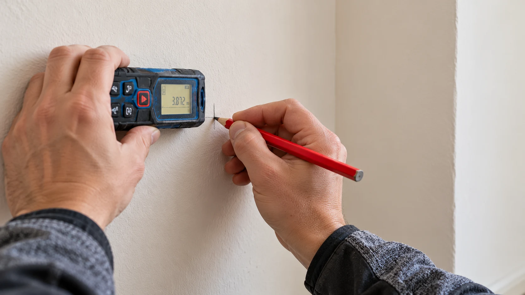 Handen met een digitale afstandsmeter en rood potlood tegen een muur