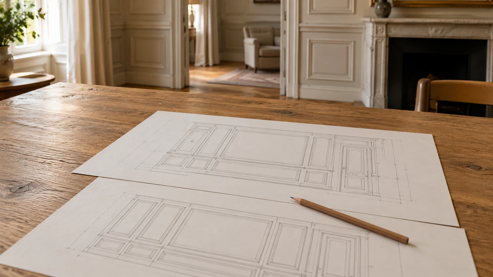 Ontwerptekeningen voor wandlijsten en een potlood op een houten tafel